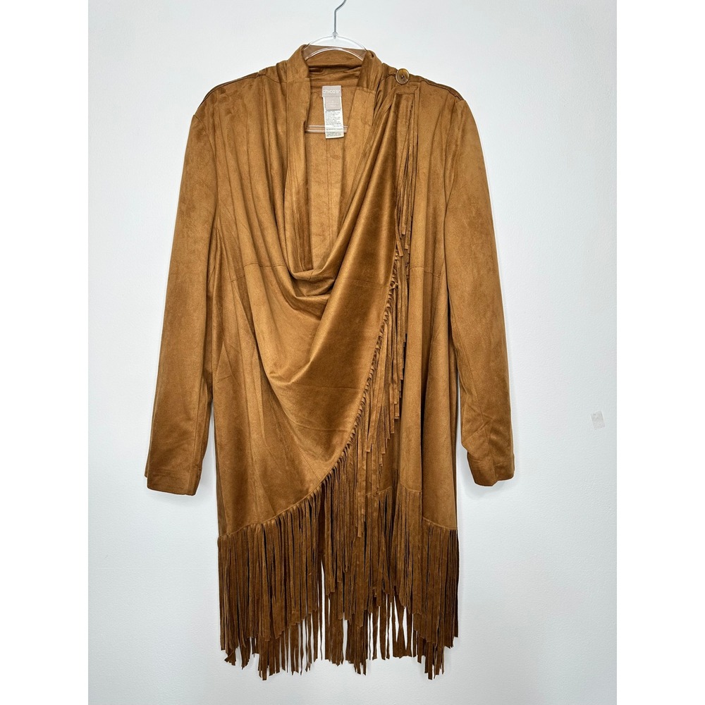 Chicos Faux Suede Fringe Wrap Jacket Cognac Brown Size 3 XL 16/18 Western Boho